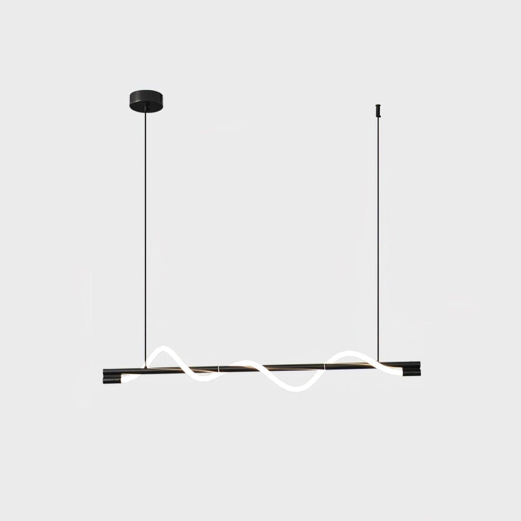 Black Clérachic linear pendant on two slim cords, with a short glowing wave, on a light grey backdrop.