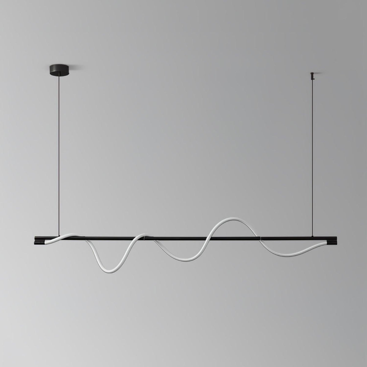 Black Clérachic linear pendant with an unlit white silicone wave, on a grey backdrop with a black canopy.
