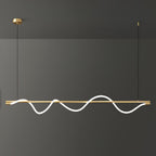 Clérachic linear pendant with a brass bar, a bright wave and a brass canopy, against a dark wall.