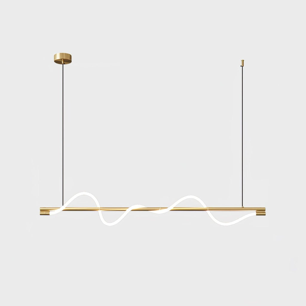 Brass Clérachic linear pendant with a soft glowing wave, centred on a white background.