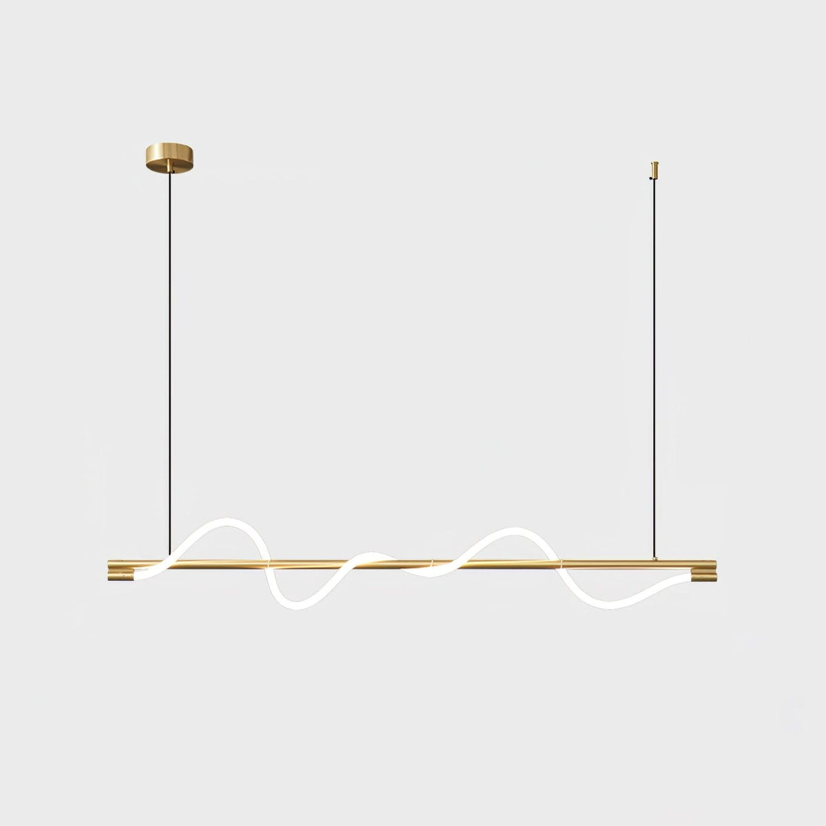 Brass Clérachic linear pendant with a soft glowing wave, centred on a white background.