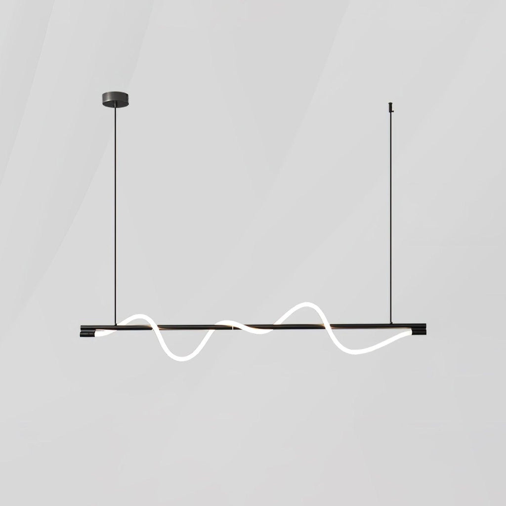 Black Clérachic linear pendant with a shallow glowing wave, on a pale grey backdrop.