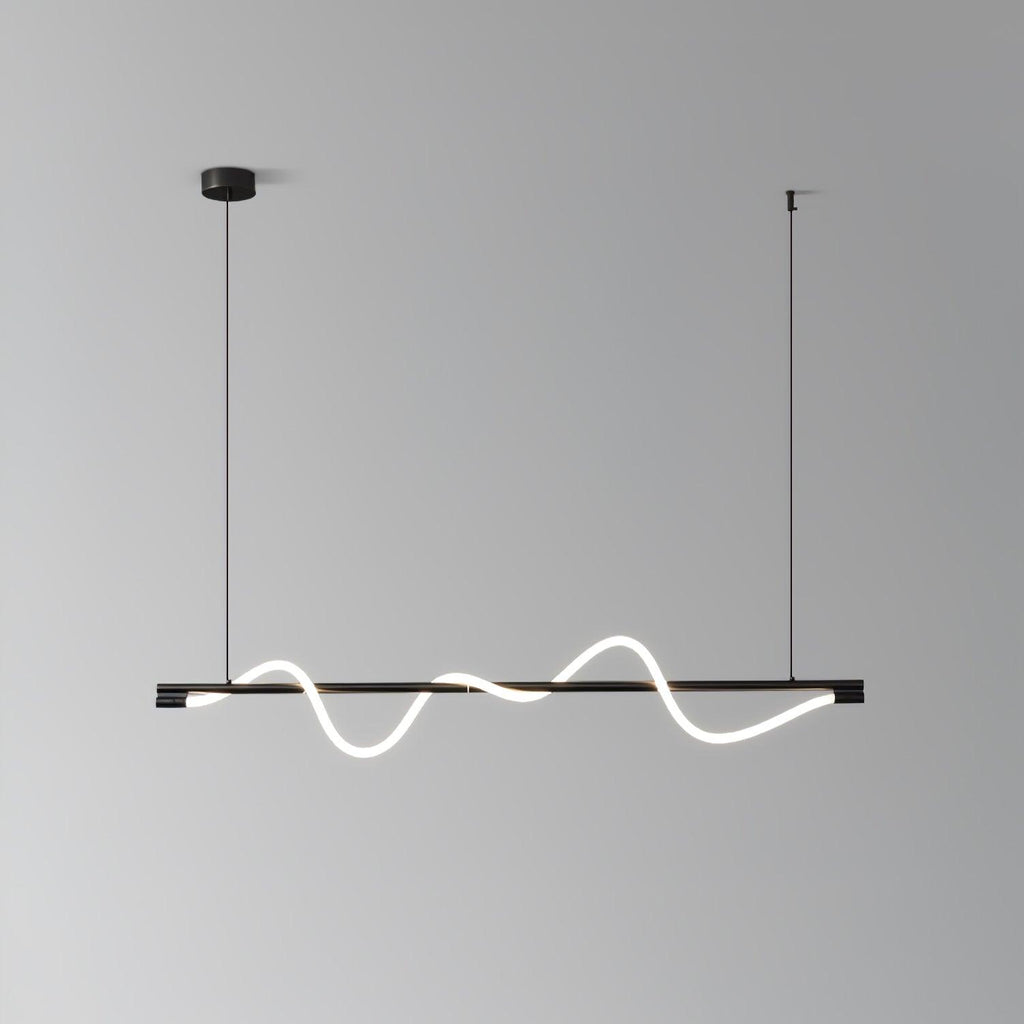 Clérachic black linear pendant with a glowing wave on a graduated grey backdrop.