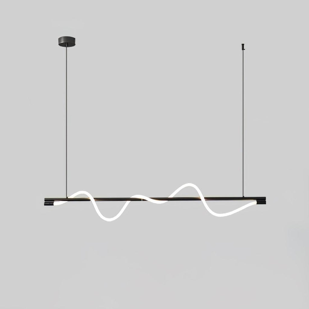 Black Clérachic linear pendant with a glowing white wave, angled slightly, against a soft grey backdrop.