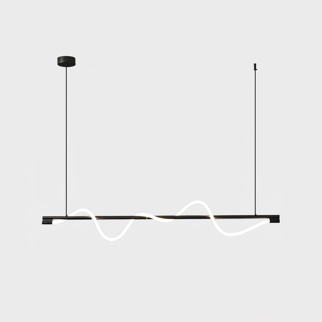 Black Clérachic linear pendant with a deep, glowing wave and a round black canopy, on an off-white backdrop.