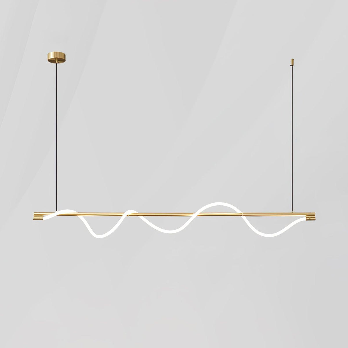 Brass Clérachic linear pendant with a glowing wave looping above and below the bar, on a pale grey backdrop.