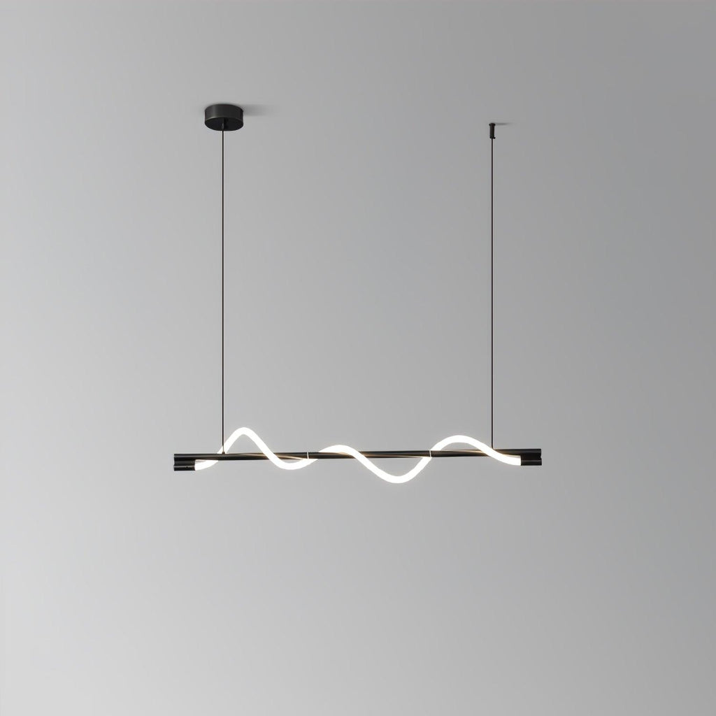 Black Clérachic linear pendant with a small glowing wave, on a black canopy against a grey wall.