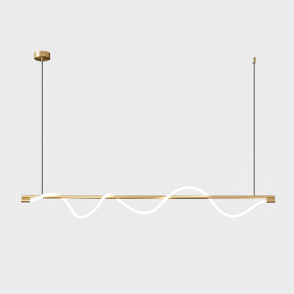 Brass Clérachic linear pendant with a glowing wave, a brass canopy and thin cords, on an off-white backdrop.