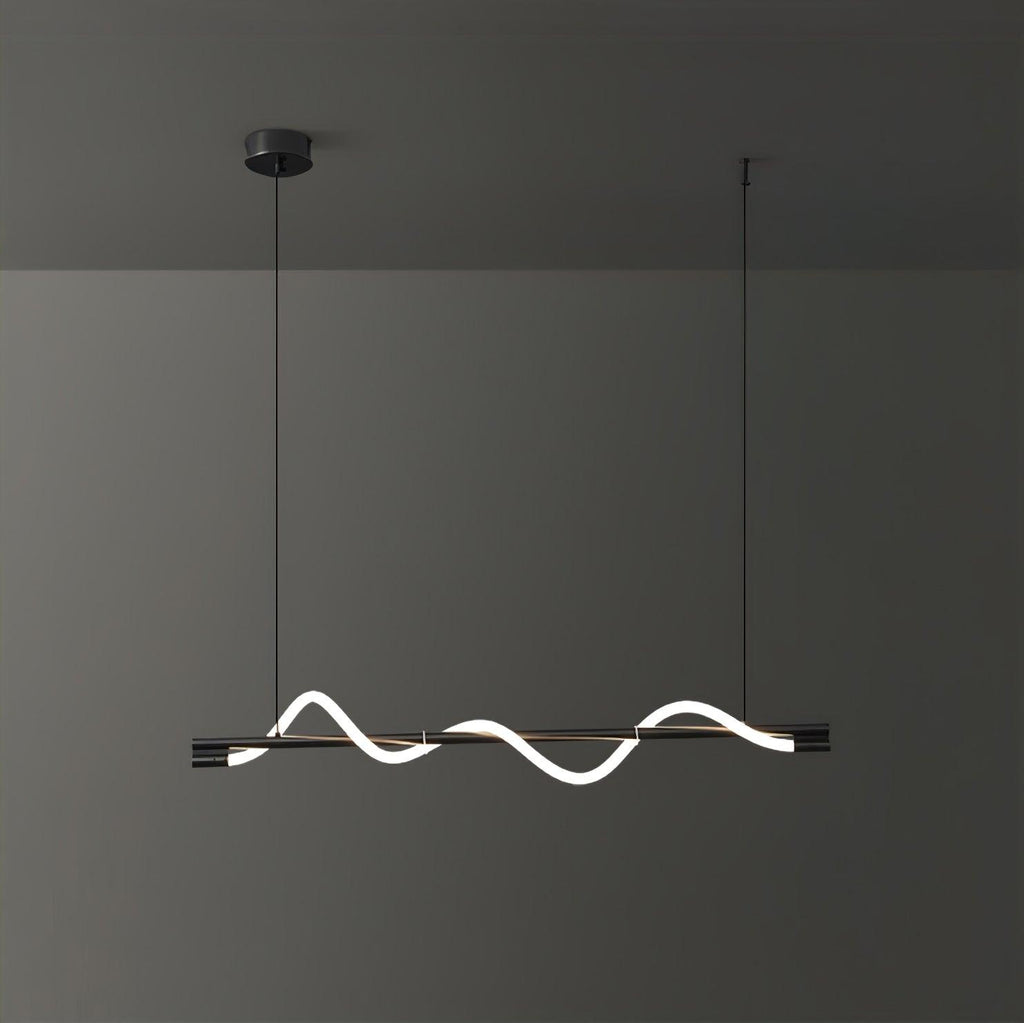 Clérachic black linear pendant angled slightly, with a glowing wave and a black canopy, on a dark wall.