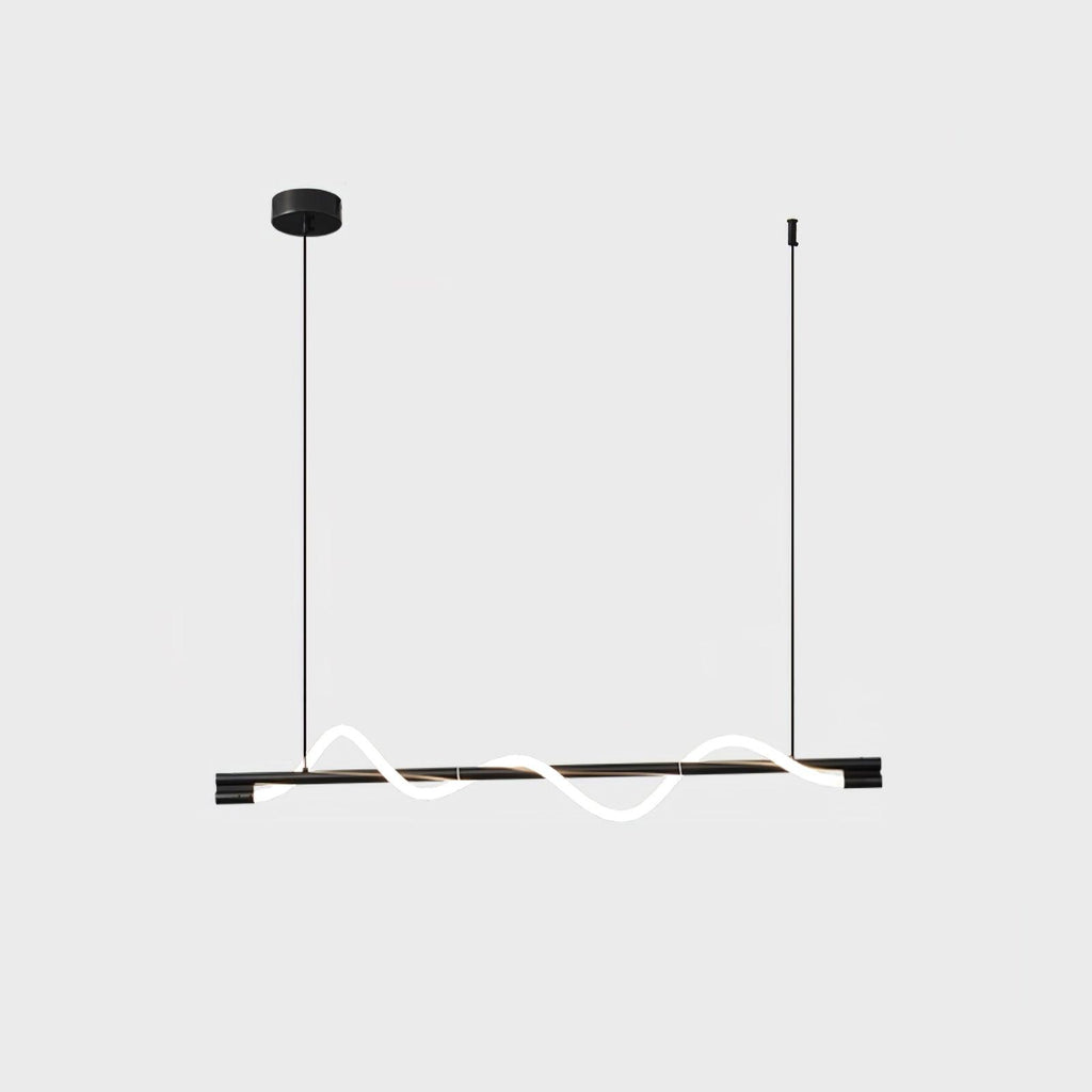 Black Clérachic linear pendant with a low glowing wave on thin black cords, on a light backdrop.