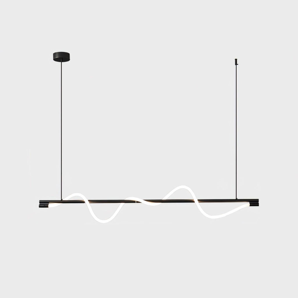 Black Clérachic linear pendant with a white silicone wave, on a round black canopy against a pale backdrop.