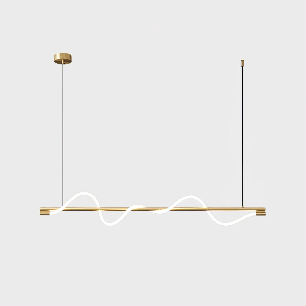 Clérachic brass linear pendant with a gentle glowing wave and a brass canopy, on a pale backdrop.