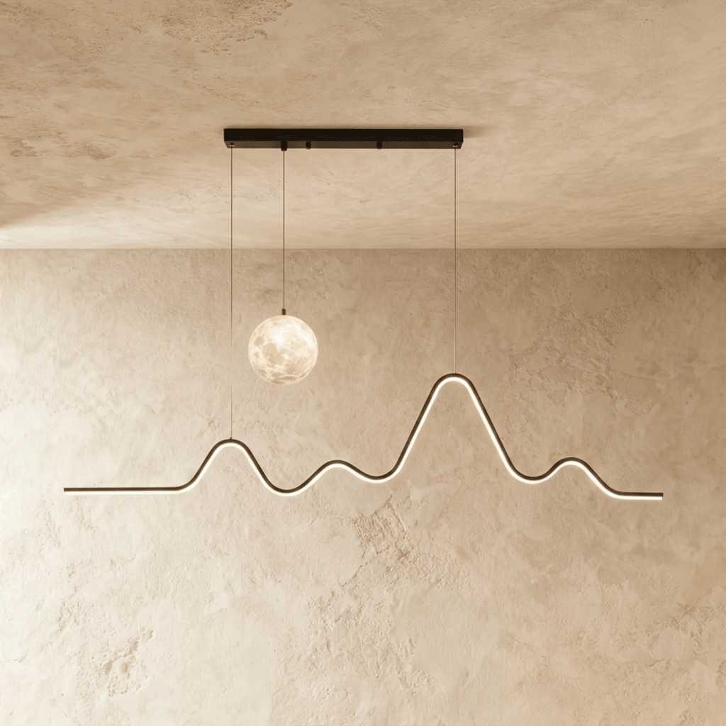 Clérachic 120 cm black pendant with a lit moon globe and a glowing LED line curving like a mountain ridge, on limewash.