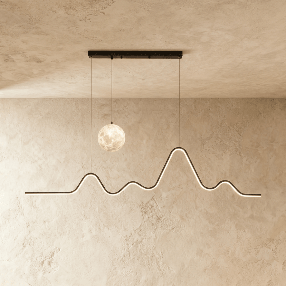 Clérachic 120 cm black pendant with a lit moon globe and a glowing LED line curving like a mountain ridge, on limewash.