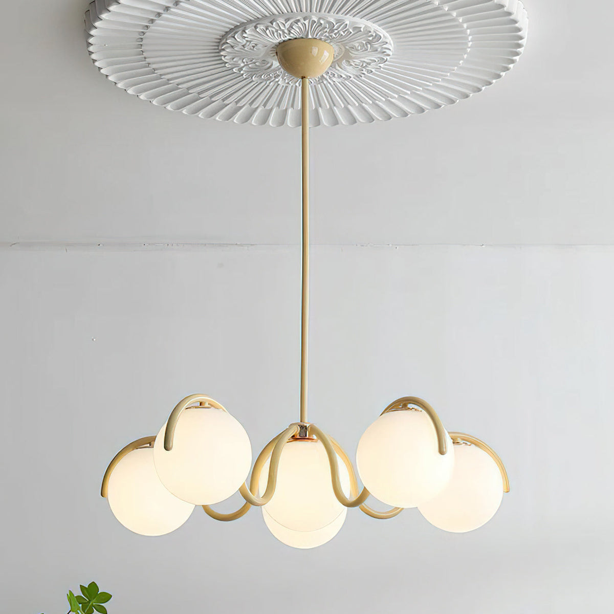 A Clérachic chandelier in creamy yellow, hung from a ceiling rose, with six lit white globes on curved arms.