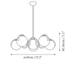 Clérachic pendant light dimension drawing, every measurement marked in centimetres and inches.