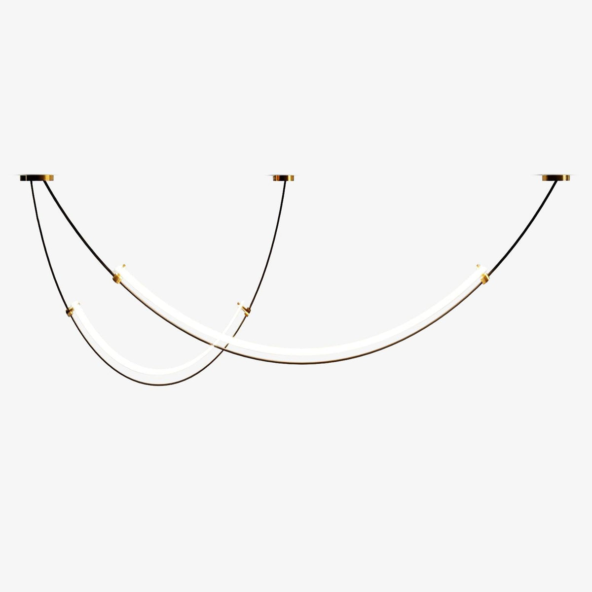 Two staggered LED bars on black cables from three gold-trimmed ceiling canopies, this Clérachic pendant shown lit on a plain white backdrop.