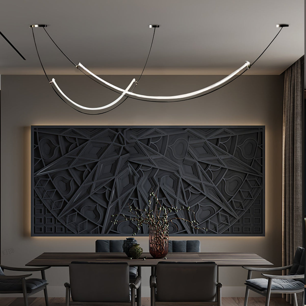 This Clérachic pendant in a formal dining room, hung in front of a large dark geometric wall panel above a long table.