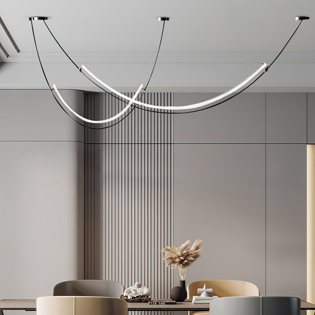 Close crop of this Clérachic pendant over a dining table with dried grasses in a black vase, beside a wall of vertical slats.