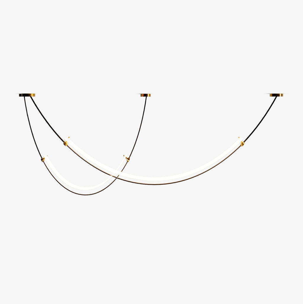 Clérachic pendant on a white backdrop, the long LED bar and the shorter one hung at different heights from thin black cables.