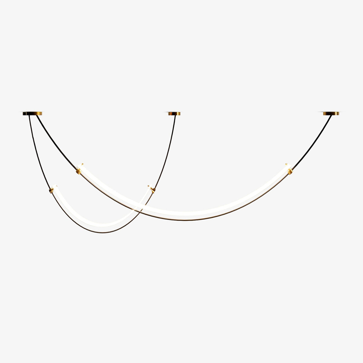 Clérachic pendant on a white backdrop, the long LED bar and the shorter one hung at different heights from thin black cables.