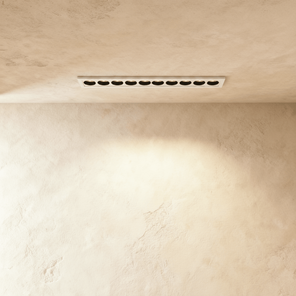 Clérachic recessed linear downlight in white with ten black reflectors, set flush in a limewashed ceiling and washing the wall below.