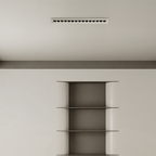 Clérachic long white recessed linear downlight with small black reflectors, centred on a plain ceiling above a metal shelving niche.