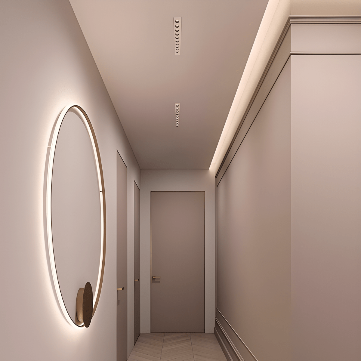 Clérachic white recessed linear downlights set along a narrow hallway ceiling, beside a softly lit round wall mirror and a panelled door.
