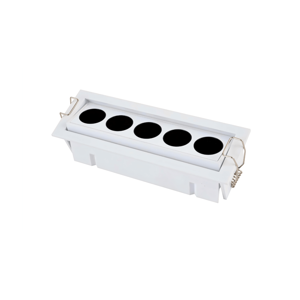 Clérachic white recessed downlight with five black reflectors on a tilting bar, shown on white with its metal spring clips and housing.