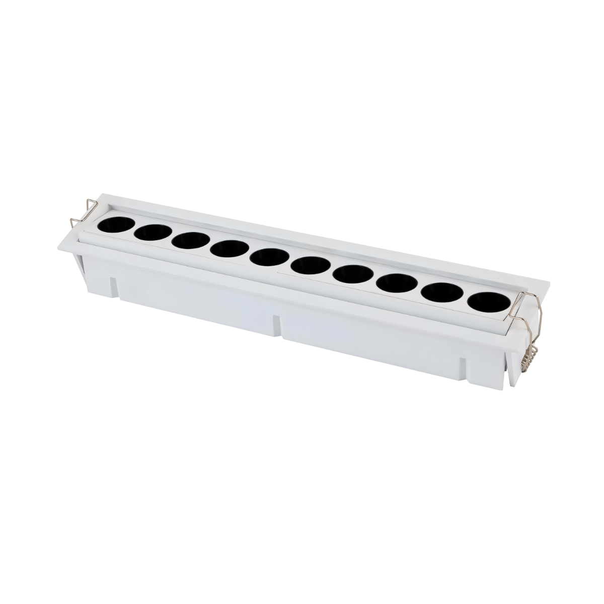 Clérachic white recessed downlight with ten black reflectors on a tilting bar, shown on white with its spring clips and deep housing.