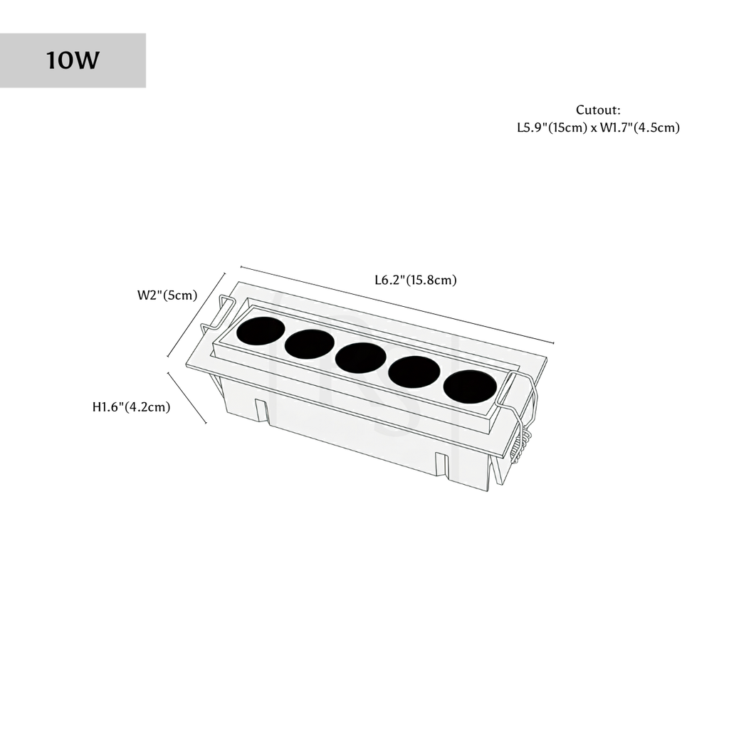 Clérachic downlight dimension drawing, 5 lights, 15.8 cm, every measurement marked in centimetres and inches.