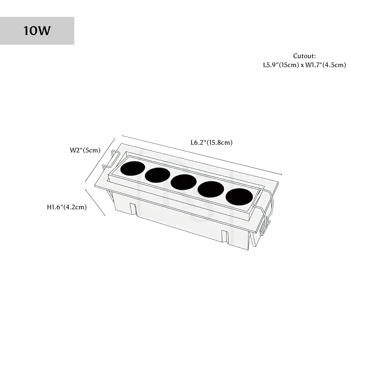 Clérachic downlight dimension drawing, 5 lights, 15.8 cm, every measurement marked in centimetres and inches.