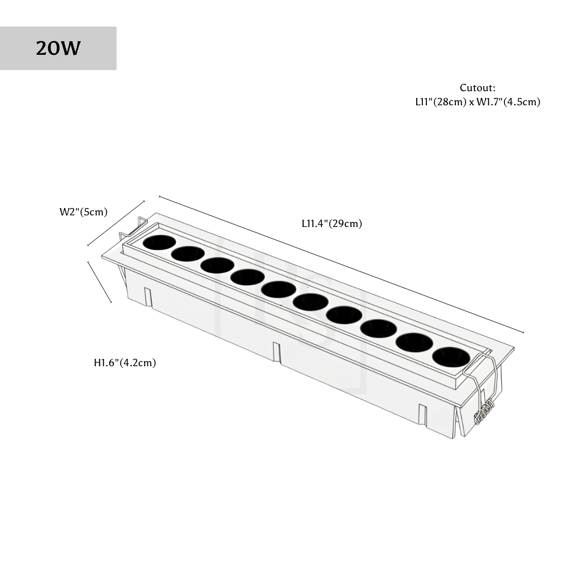 Clérachic downlight dimension drawing, 10 lights, 29 cm, every measurement marked in centimetres and inches.