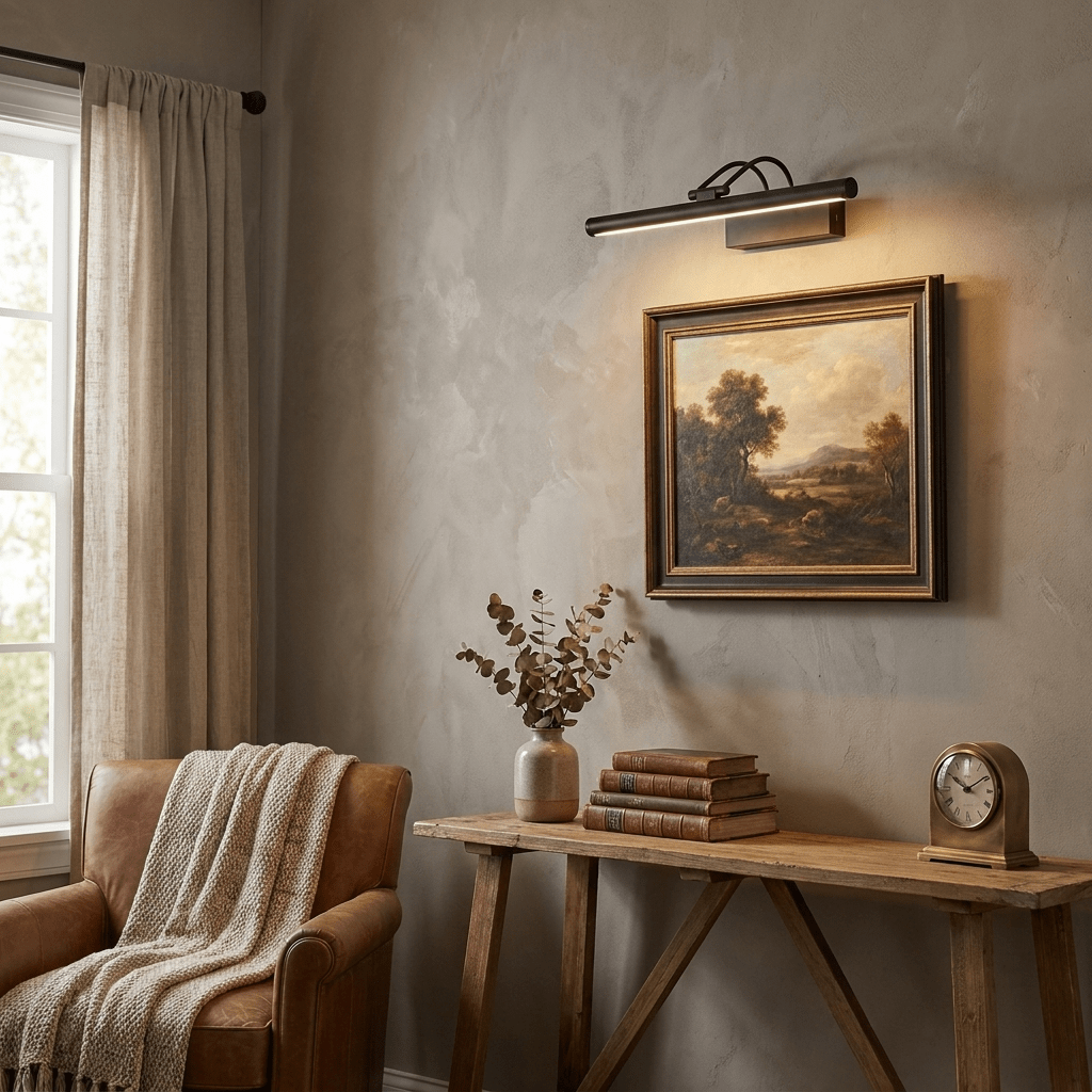 A black Clérachic wall light lights a framed landscape on a plaster-effect wall, beside a window with linen curtains.