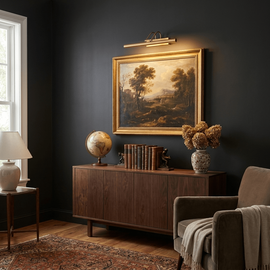 Over a framed landscape painting on a charcoal wall, this gold Clérachic wall light glows above a sideboard with a globe.