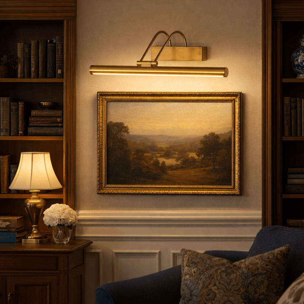Warm light from a gold Clérachic wall light falls on a gilt-framed landscape, with bookshelves and a table lamp either side.