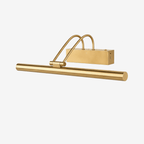 Front view of a gold Clérachic wall light with a long tube and double arm, on a light grey backdrop.