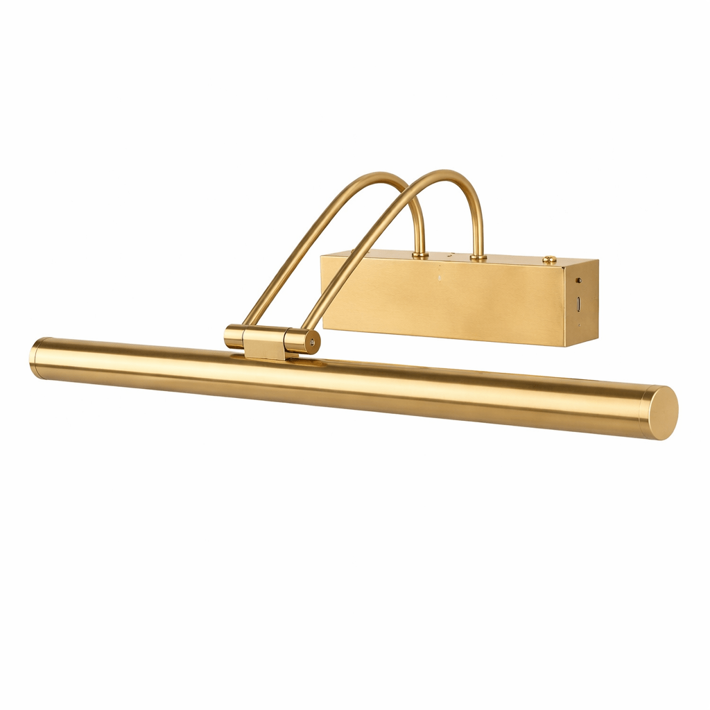 Angled view of the long gold tube and boxy backplate on this Clérachic wall light, on a white backdrop.