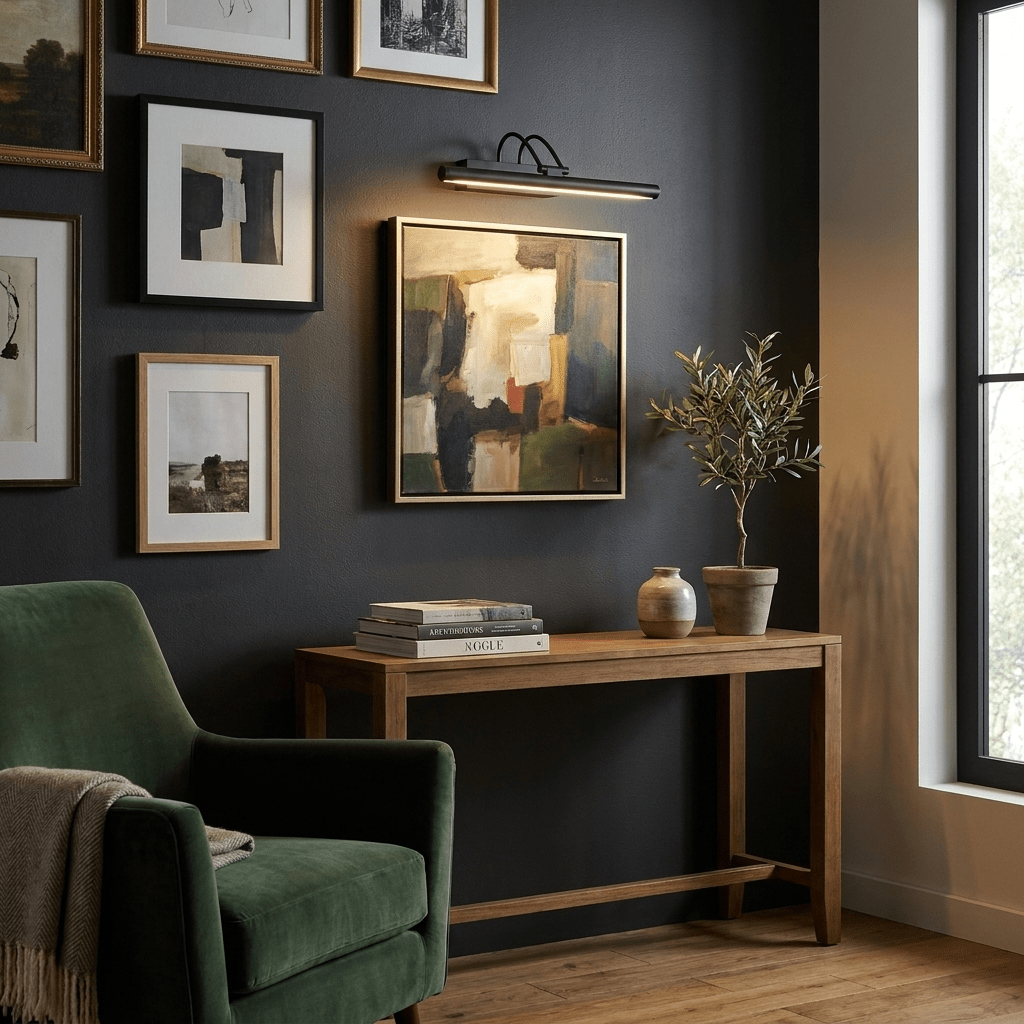 A black Clérachic wall light above a small abstract painting, in a gallery wall of framed pictures beside a green armchair.