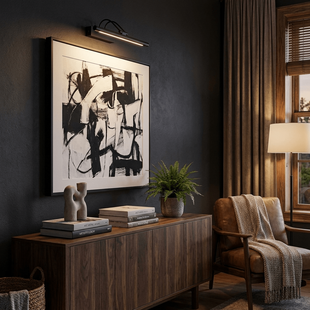 Black Clérachic wall light with a lit tube above a large abstract black-and-white print, next to a dark wood sideboard.
