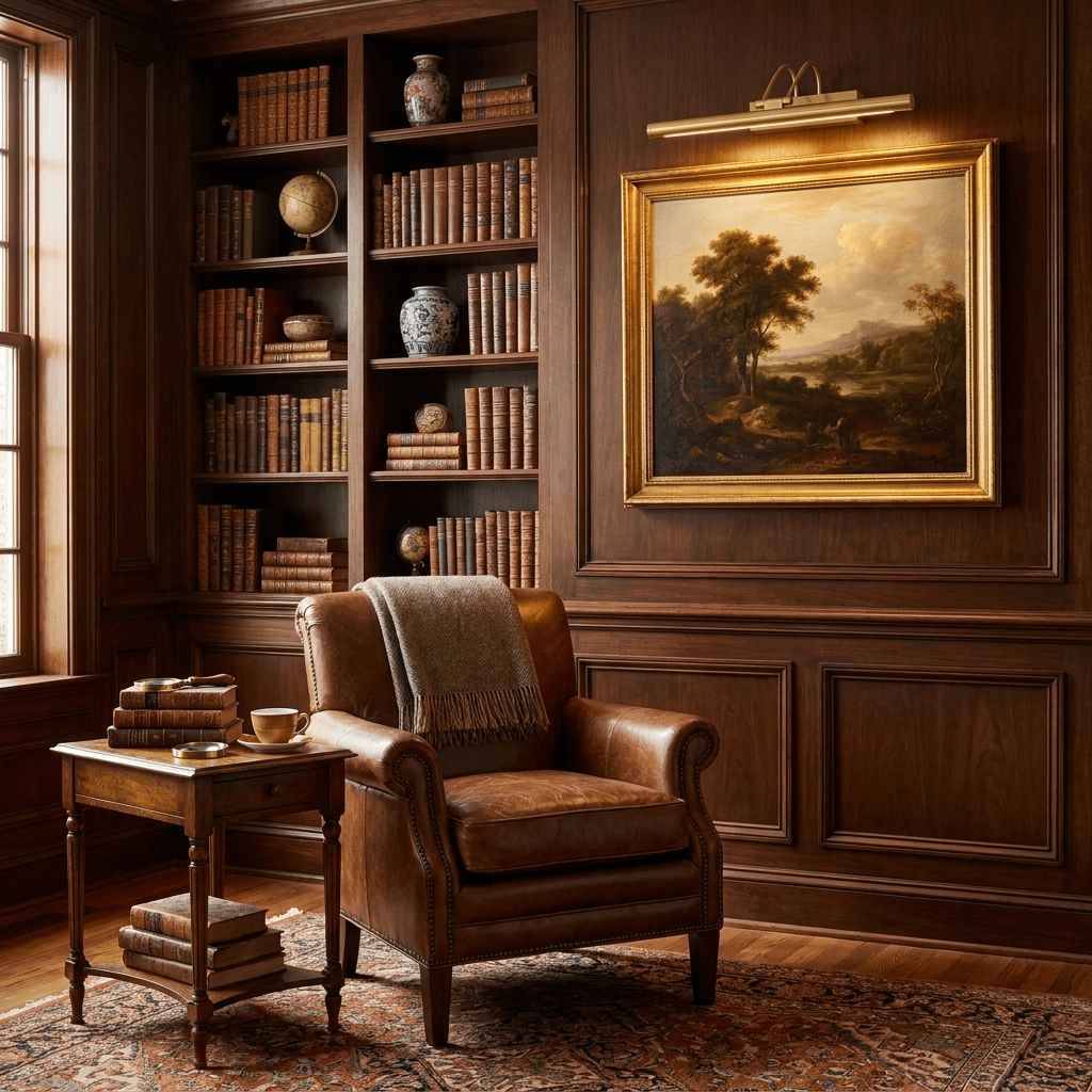 A gold Clérachic wall light over a gilt-framed landscape in a wood-panelled library, with a leather armchair and bookcase.