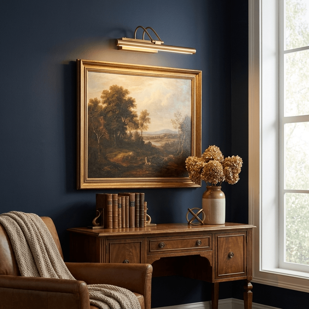 Gold Clérachic wall light above a gold-framed landscape on a navy wall, with a wooden desk, dried flowers and books below.