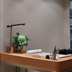 Clérachic desk lamp at the end of a tan leather desk, with a green plant, rolled papers and pens in the room.