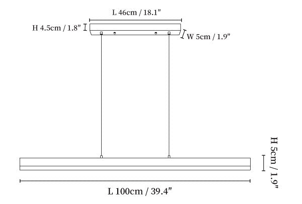 Dimension drawing of the linear travertine pendant lamp, in outline against white.