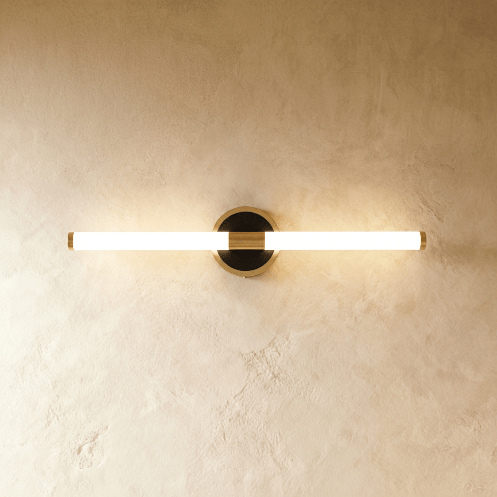 Clérachic slim LED tube wall light on a round black and brass plate, glowing warmly against a limewashed plaster wall.