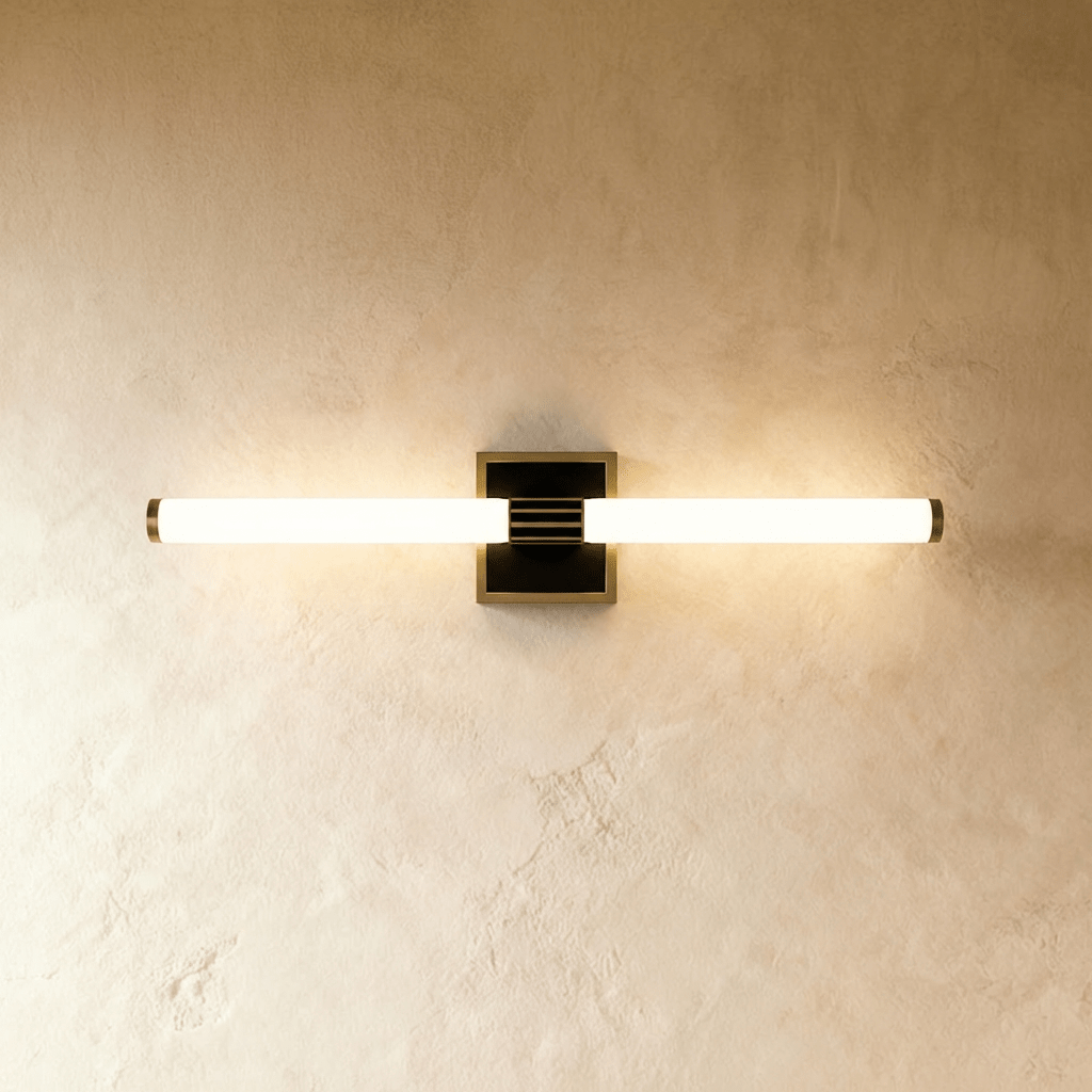 Clérachic LED tube wall light on a square black plate with a ribbed bronze-toned centre clamp, lit on plaster.