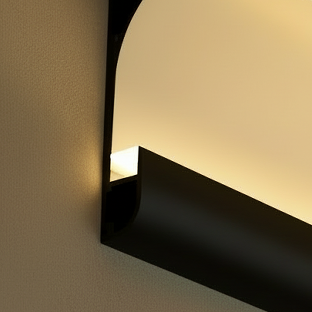 Clérachic black aluminium profile light mounted on a textured wall, its curved lip glowing with warm white light.