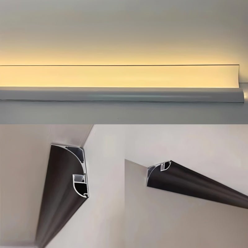 Clérachic profile light run along a wall as a warm glowing cove, with two corner views of a dark finish in the ceiling angle.