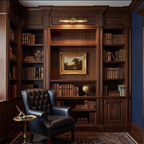 A Clérachic bronze bar light glows over a small gilt-framed painting within a dark wood library with a leather armchair.