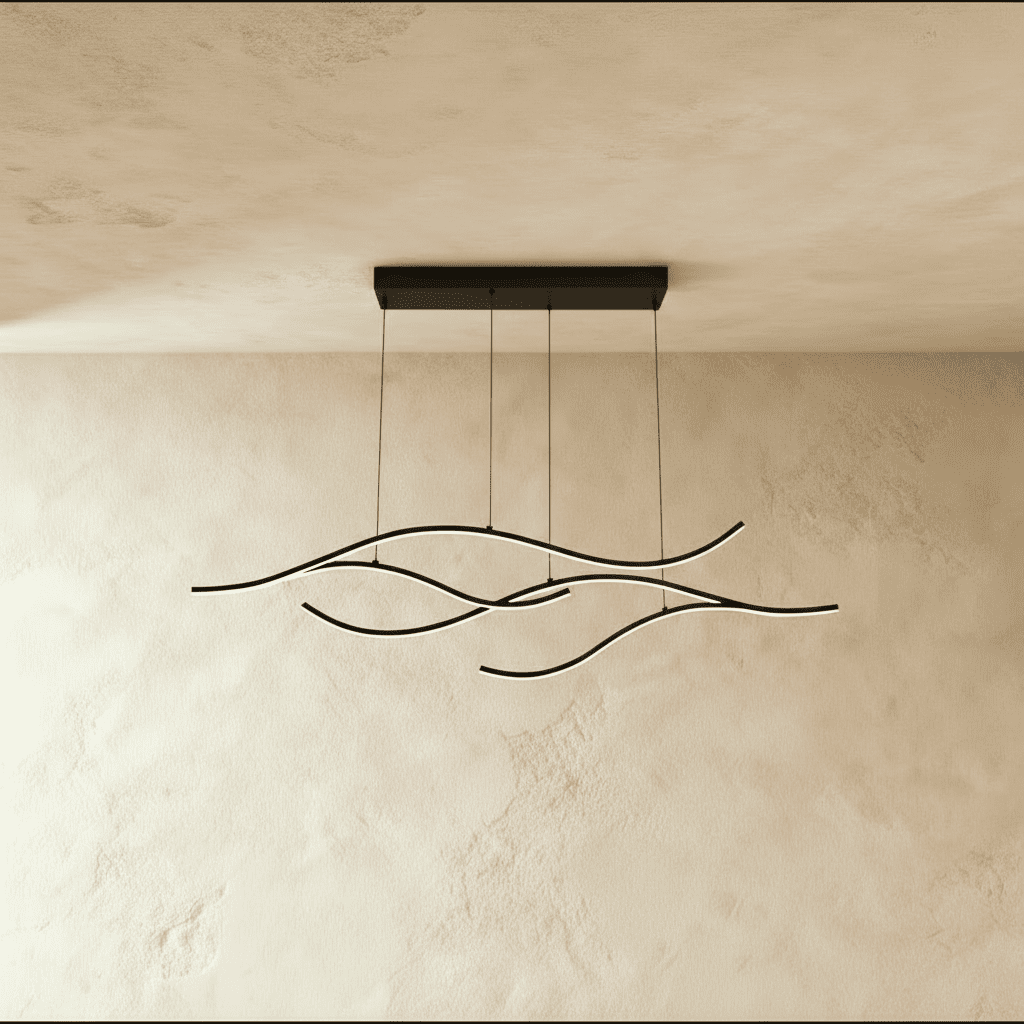 Clérachic black four-arc wavy LED pendant seen straight on, its thin cables falling from a long black ceiling plate.